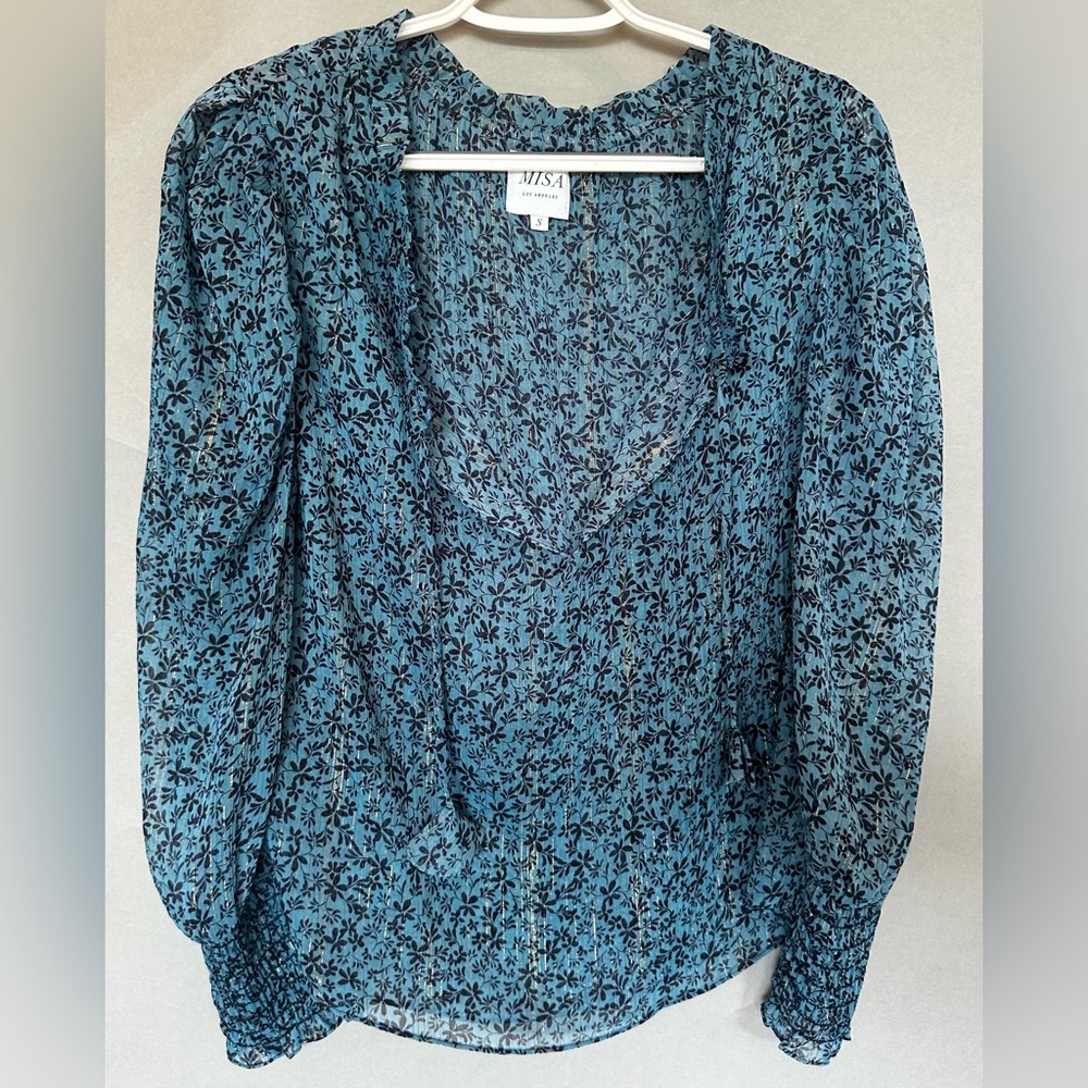 Misa Los Angeles Blue and Black Floral Blouse